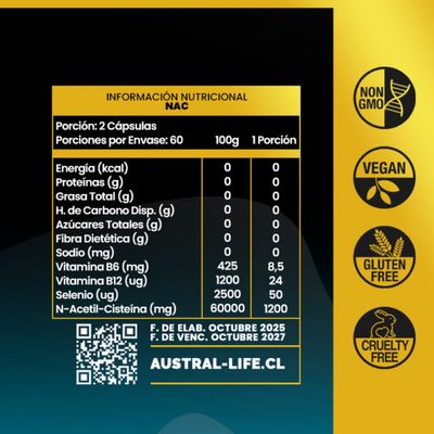 Imagen 2 del producto N-Acetil Cisteína (NAC) + Vitamina B - 120 Cápsulas - Austral Life