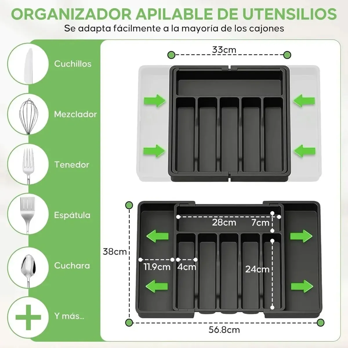 GENERICO - Organizador De Cubiertos Expandible, 8 Compartimientos