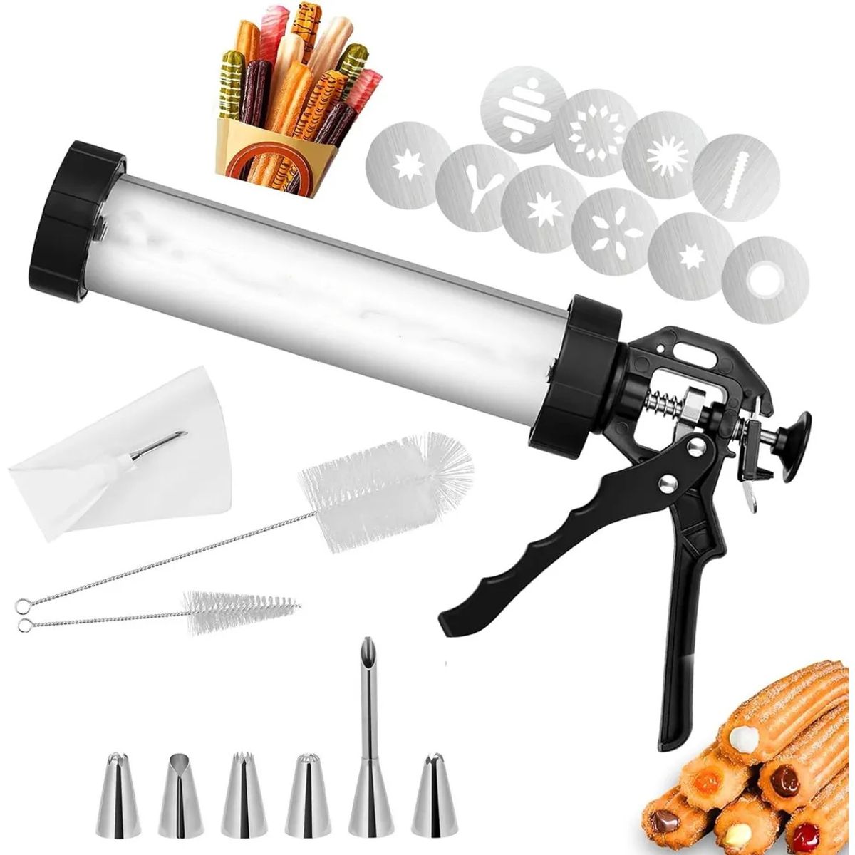 KUANGYE - Máquina Para Churros Tradicionales Y Rellenos Acero Inoxidable con bolsa de tubería6 boquillas