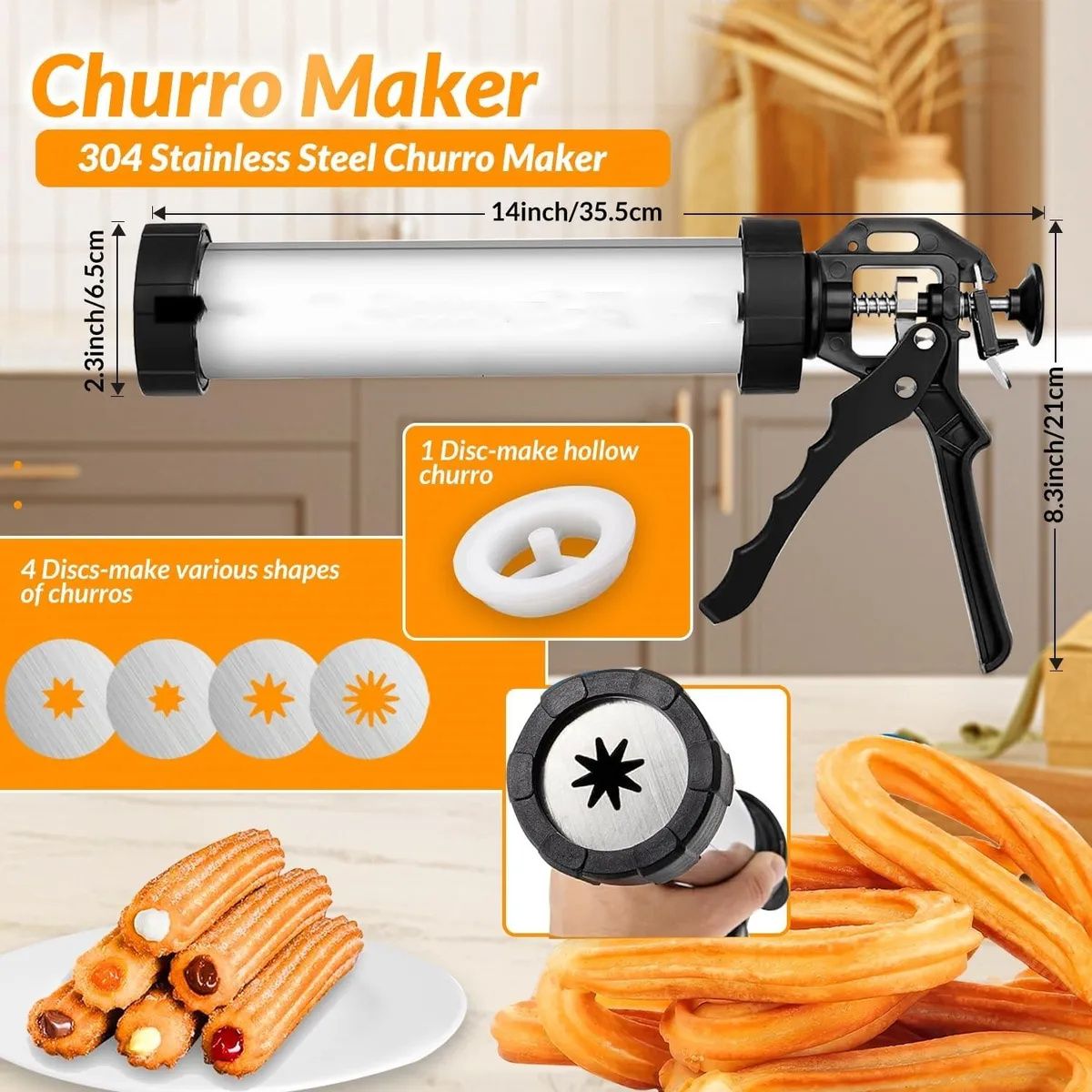 KUANGYE - Máquina Para Churros Tradicionales Y Rellenos Acero Inoxidable con bolsa de tubería6 boquillas