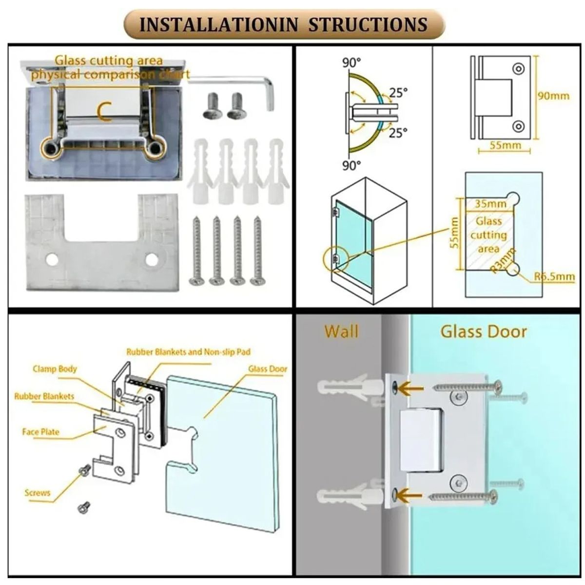 GENERICO - Bisagra Para Vidrio Al Muro 90 Grados Croamada Inoxidable