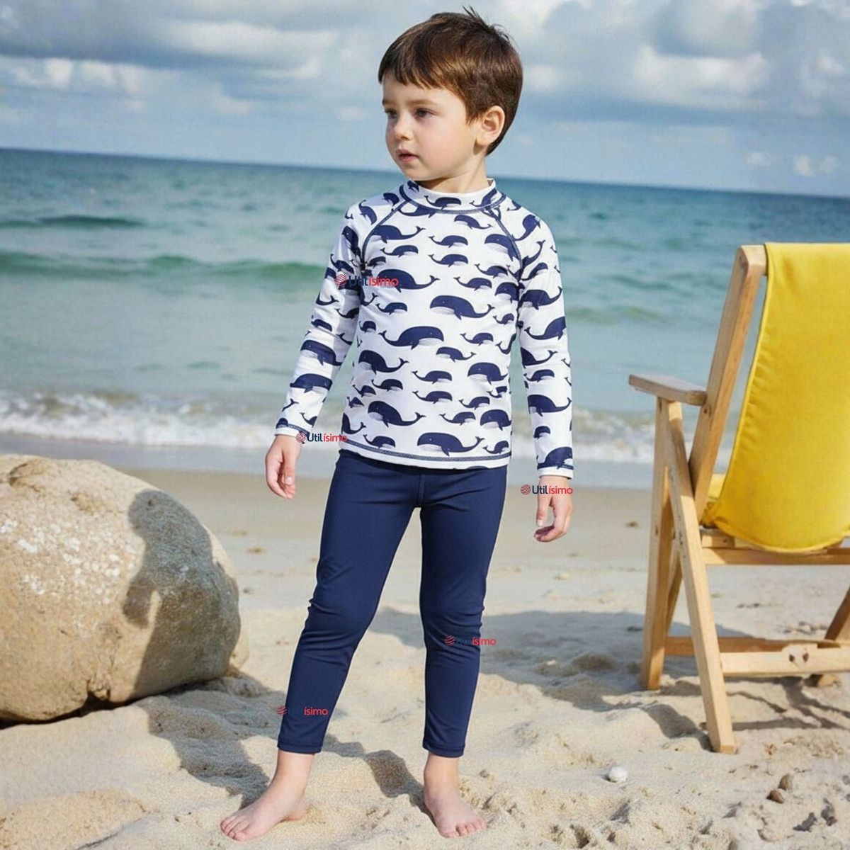 JUMP KIDS - Traje de Baño Manga Larga Pantalón Largo 2 Piezas Corte Split Niño 3 a 9 años White Whale