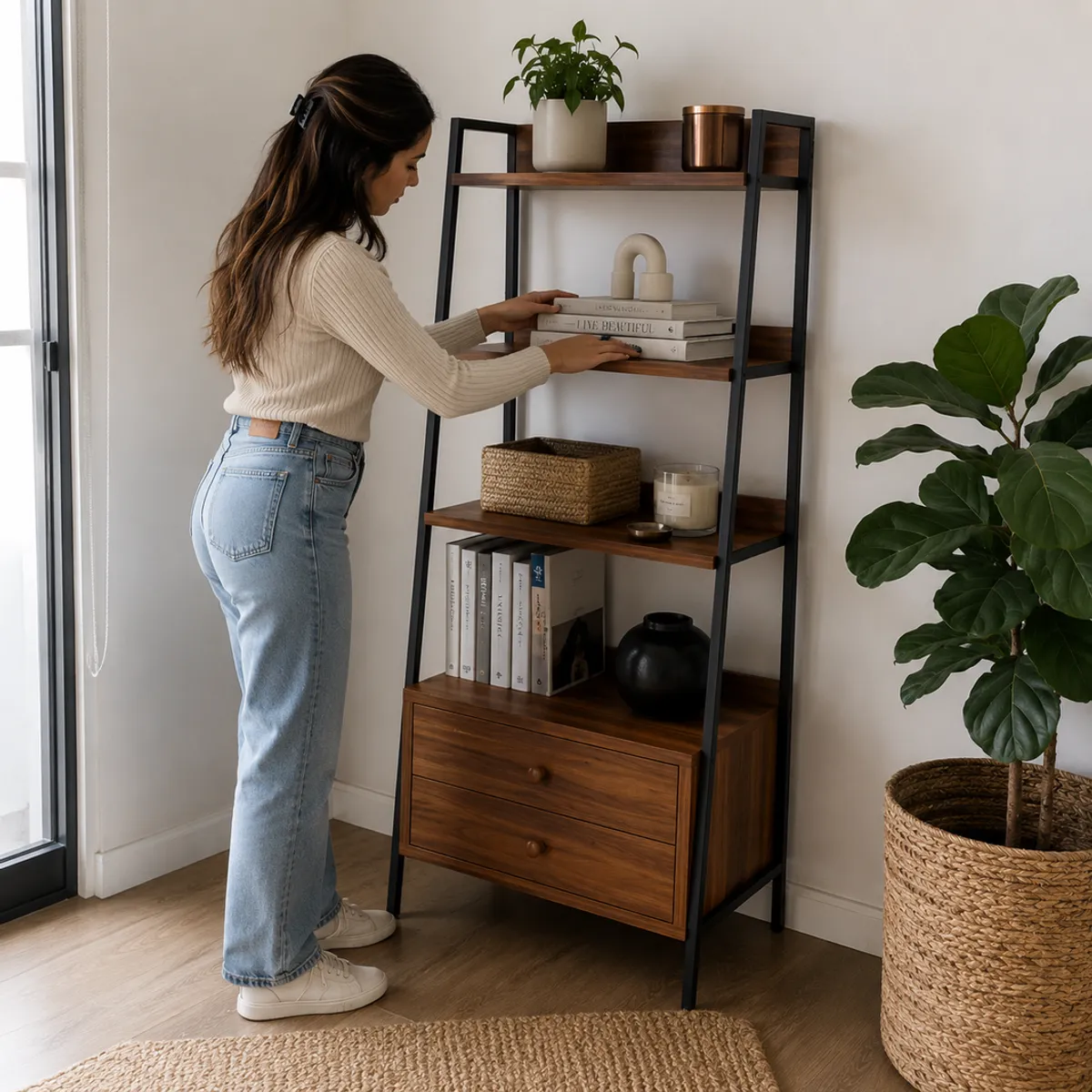 TIENDA EL GARAGE - Estante organizador  Repisa Decorativa 4 Niveles Madera Cedro y Metal para Living