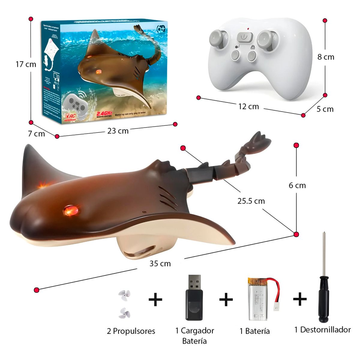 HOMEBRANDT - Juguete A Control Remoto Mantarraya Acuatico Recargable 35Cm