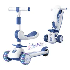 EVERSO - Scooter Monopatín Ruedas Led Musical Plegable Niño Regulable - Azul Y Blanco