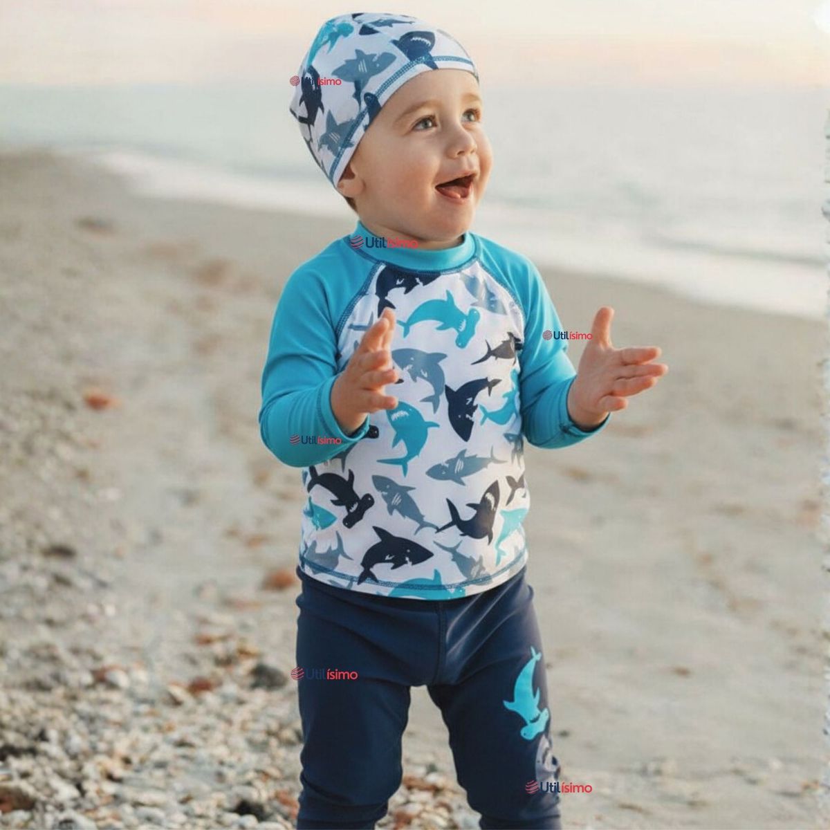 JUMP KIDS - Traje de Baño Con Gorro Pantalón Largo 3 Piezas Corte Split Manga Larga Niño 3 a 11 años White Shark