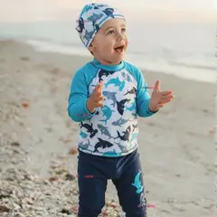 JUMP KIDS - Traje de Baño Con Gorro Pantalón Largo 3 Piezas Corte Split Manga Larga Niño 3 a 11 años White Shark