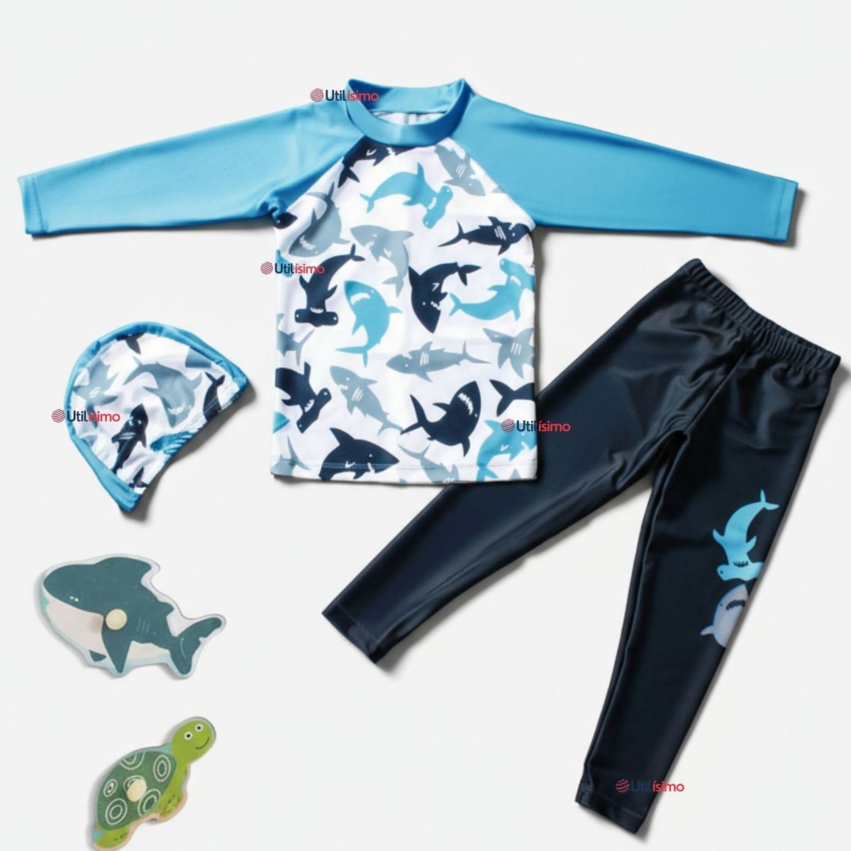 JUMP KIDS - Traje de Baño Con Gorro Pantalón Largo 3 Piezas Corte Split Manga Larga Niño 3 a 11 años White Shark