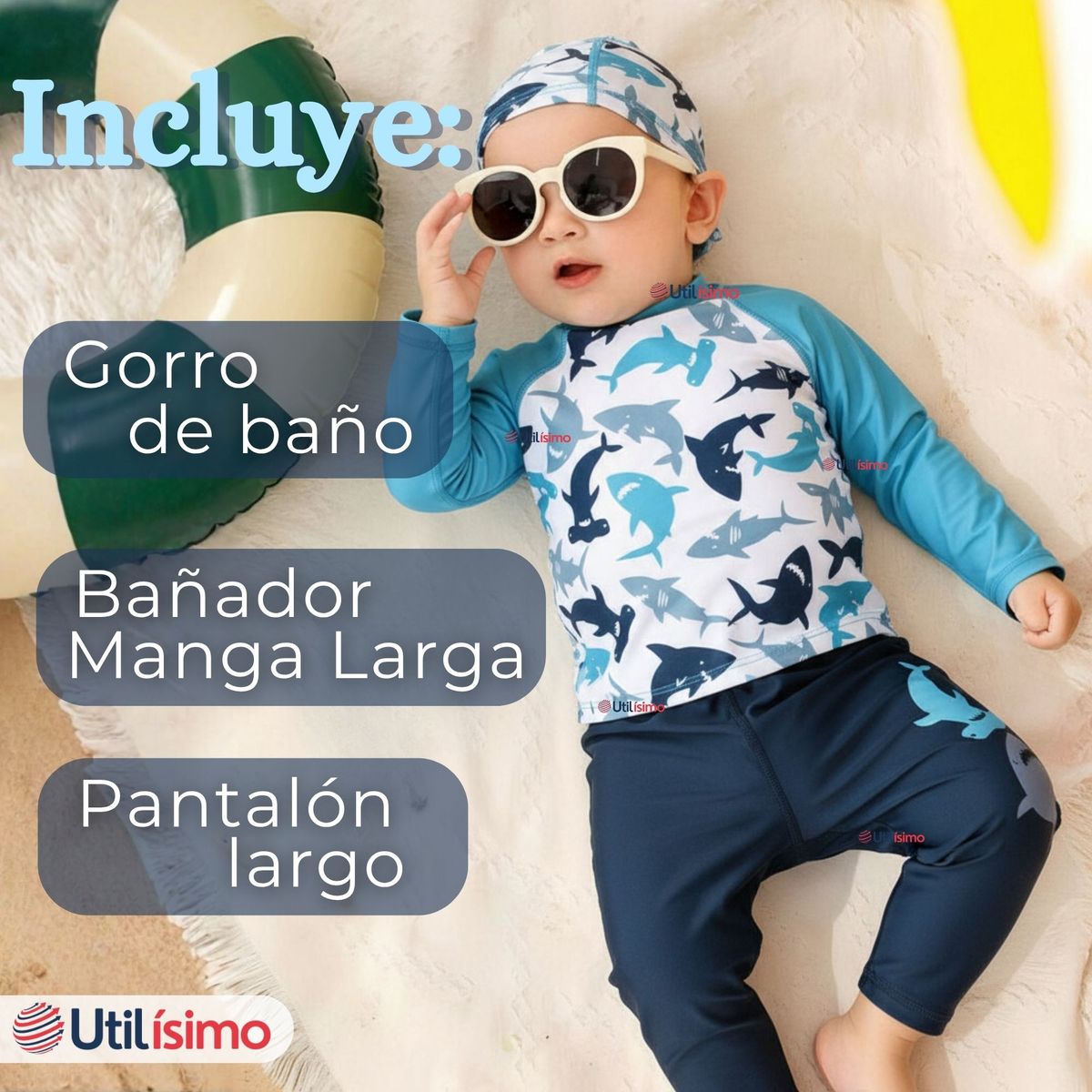 JUMP KIDS - Traje de Baño Con Gorro Pantalón Largo 3 Piezas Corte Split Manga Larga Niño 3 a 11 años White Shark