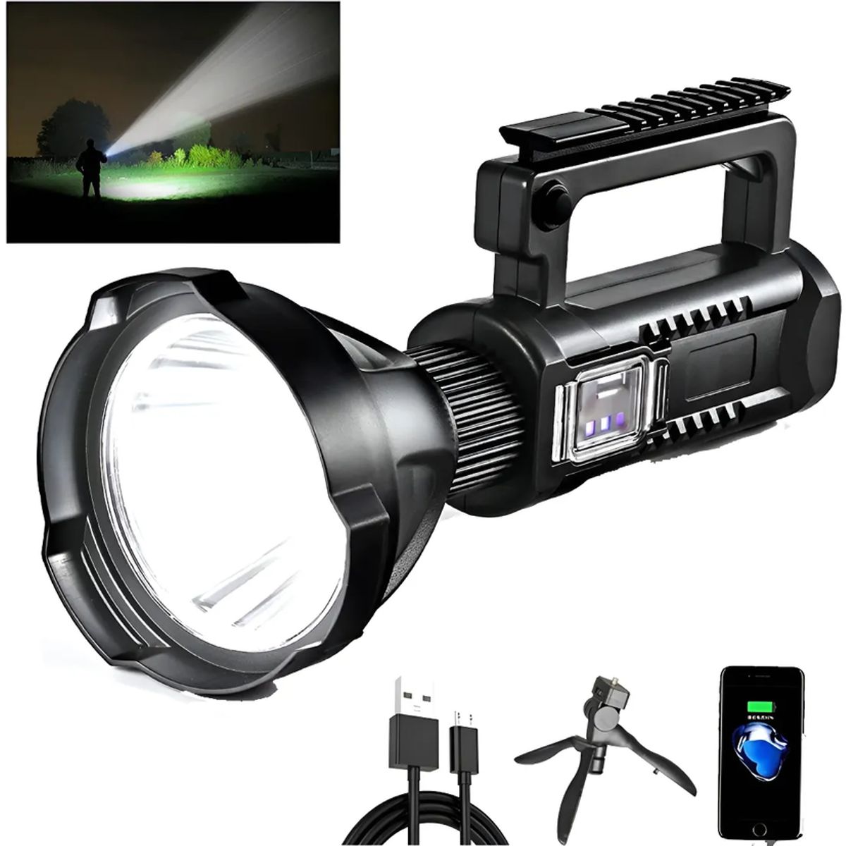 GENERICO - Linterna Led Largo Alcance 600 Metros Usb Trípode Led W590 Color de la linterna Negro