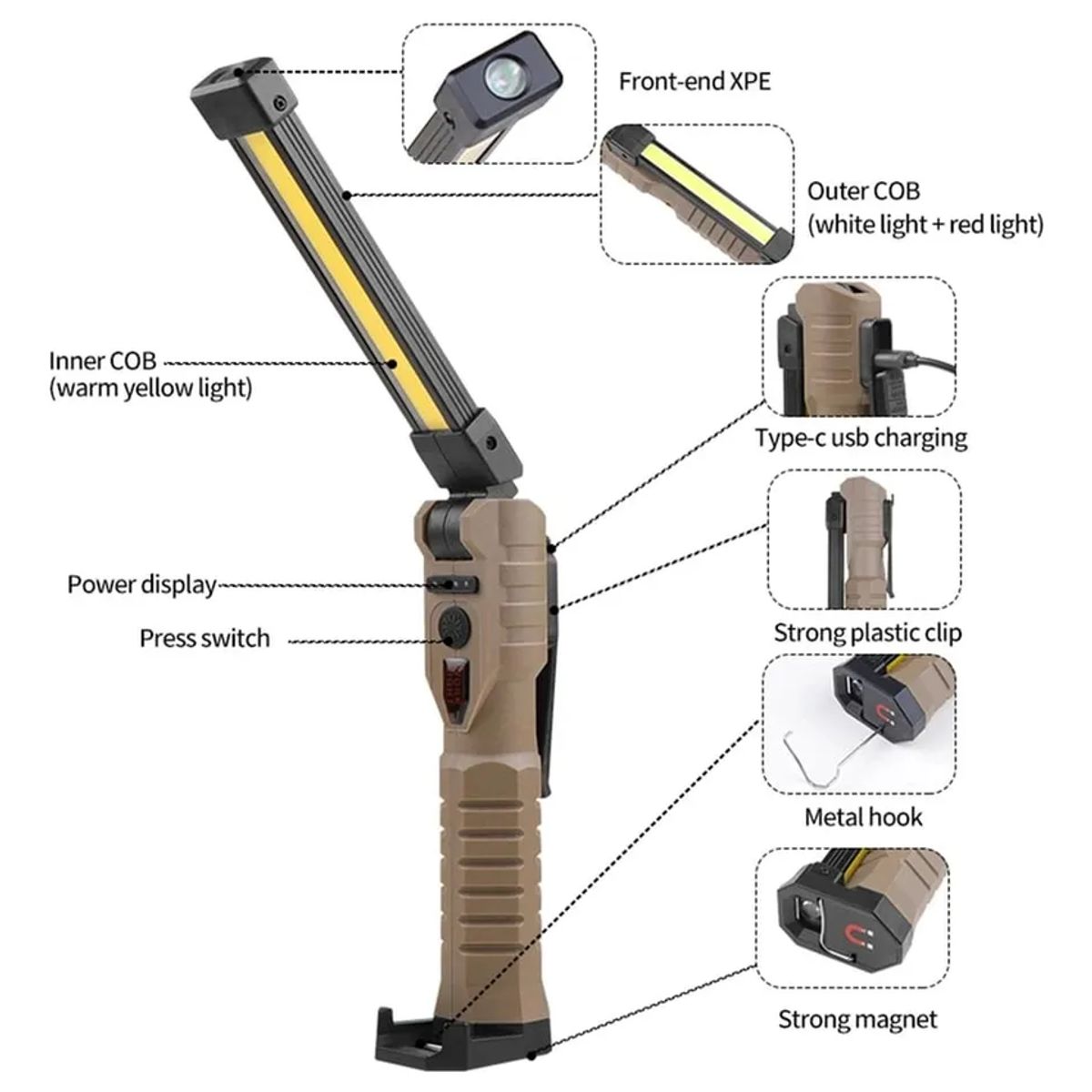 GENERICO - Linterna De Trabajo Led Plegable Recargable Con Imán 360° 7n1 Marrón