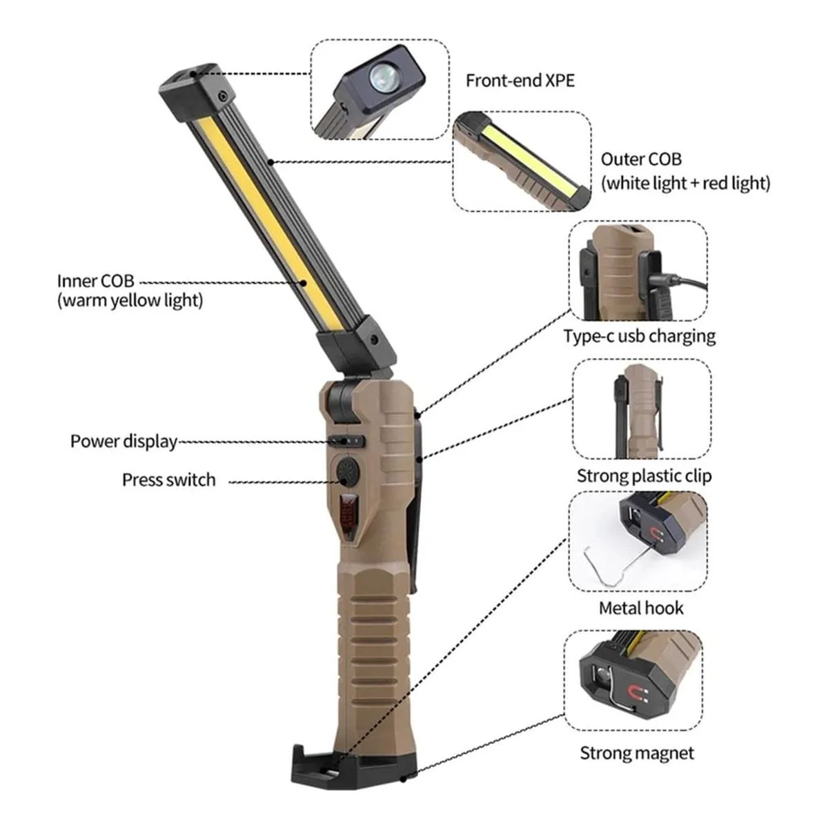 GENERICO - Linterna De Trabajo Led Plegable Recargable Con Imán 360° 7n1 Marrón