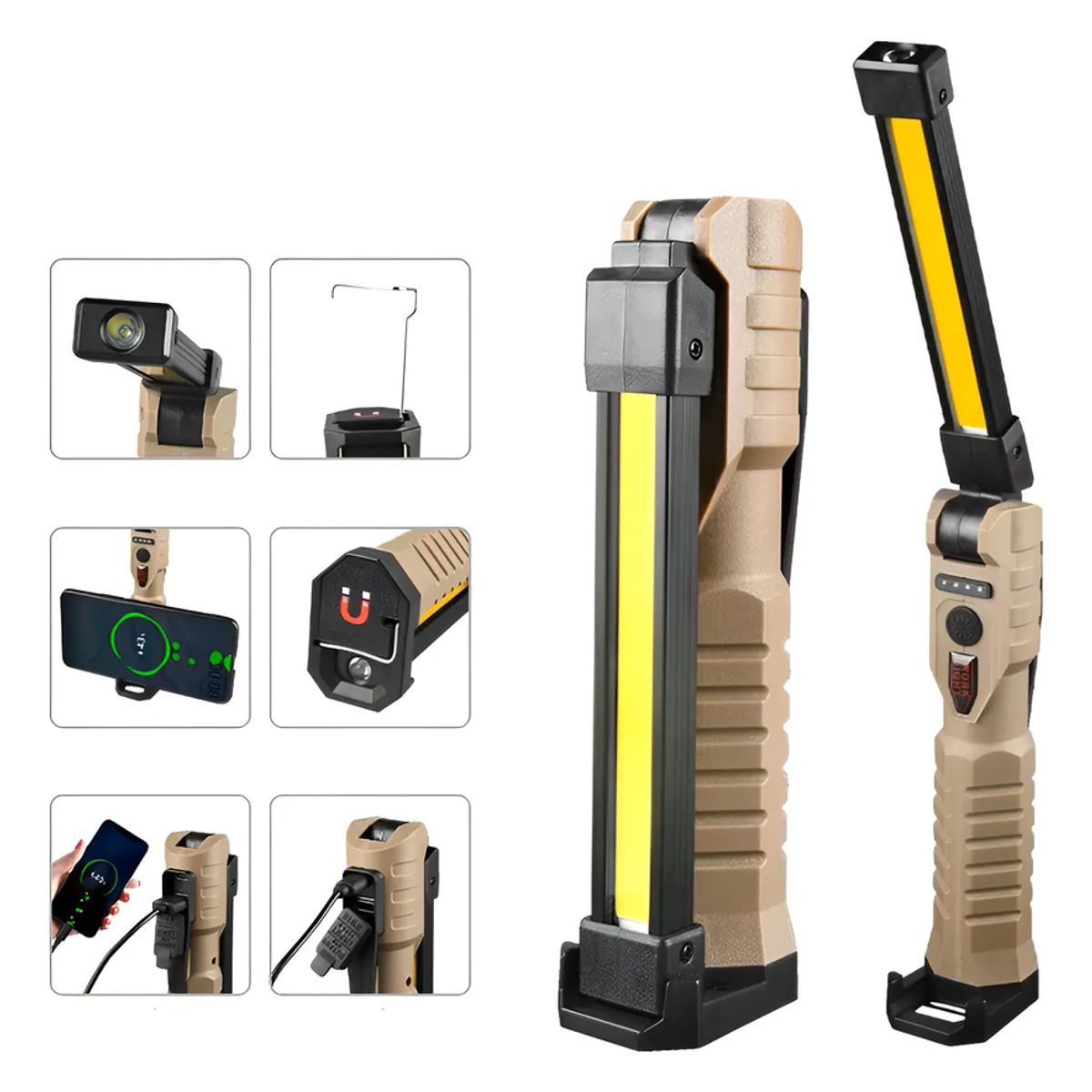 GENERICO - Linterna De Trabajo Led Plegable Recargable Con Imán 360° 7n1 Marrón