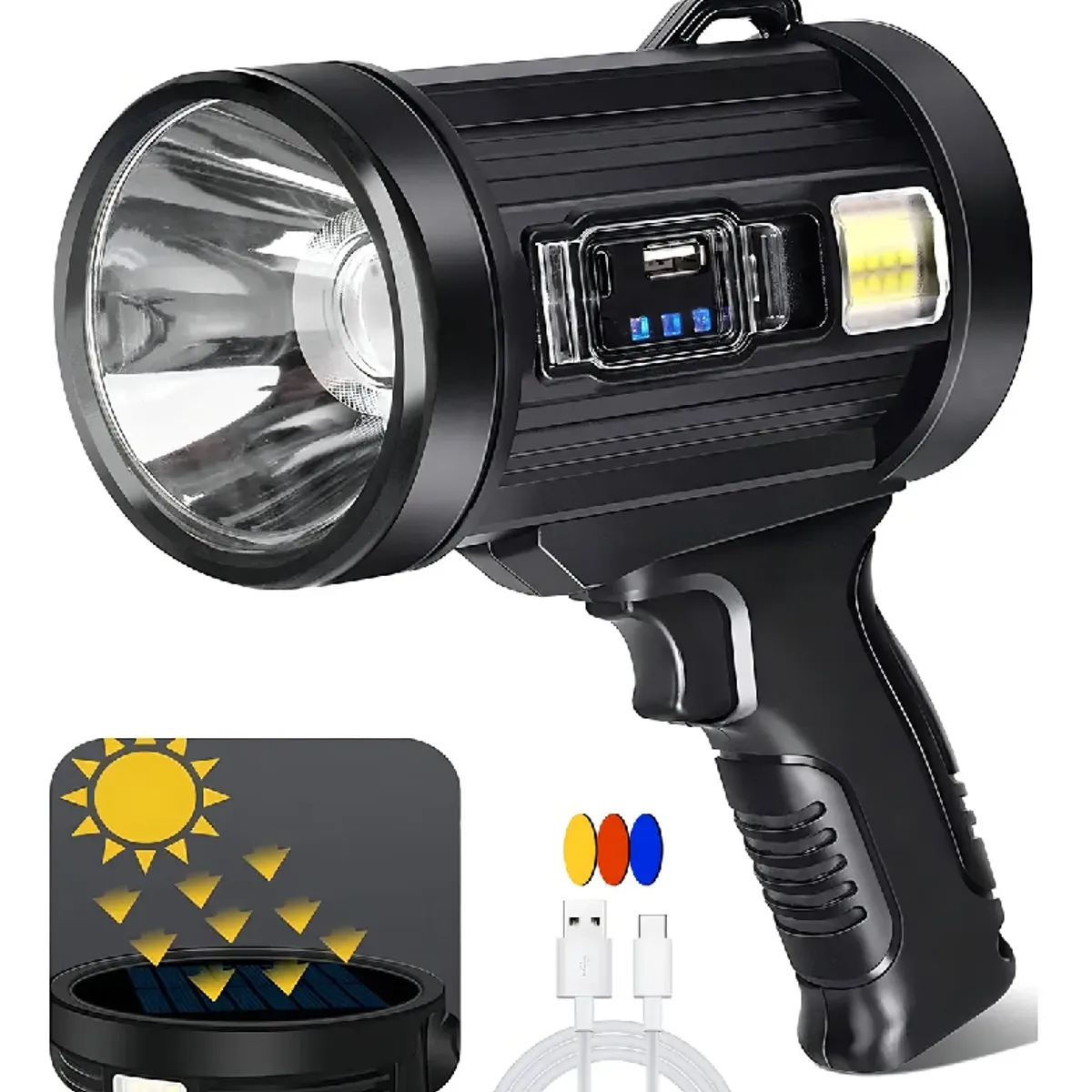 GENERICO - Linterna Pistola Recargable Usb Solar Colores Linterna Negro Luz Blanco