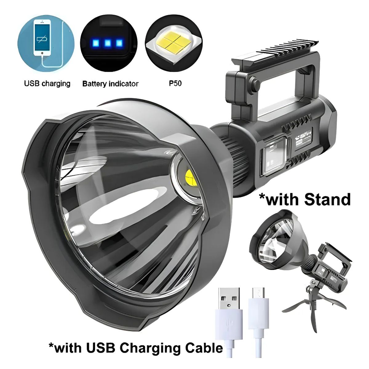GENERICO - Foco Linterna Led Largo Alcance 600 Metros Usb Trípode Caza Color de la linterna Negro Color de la luz Fría