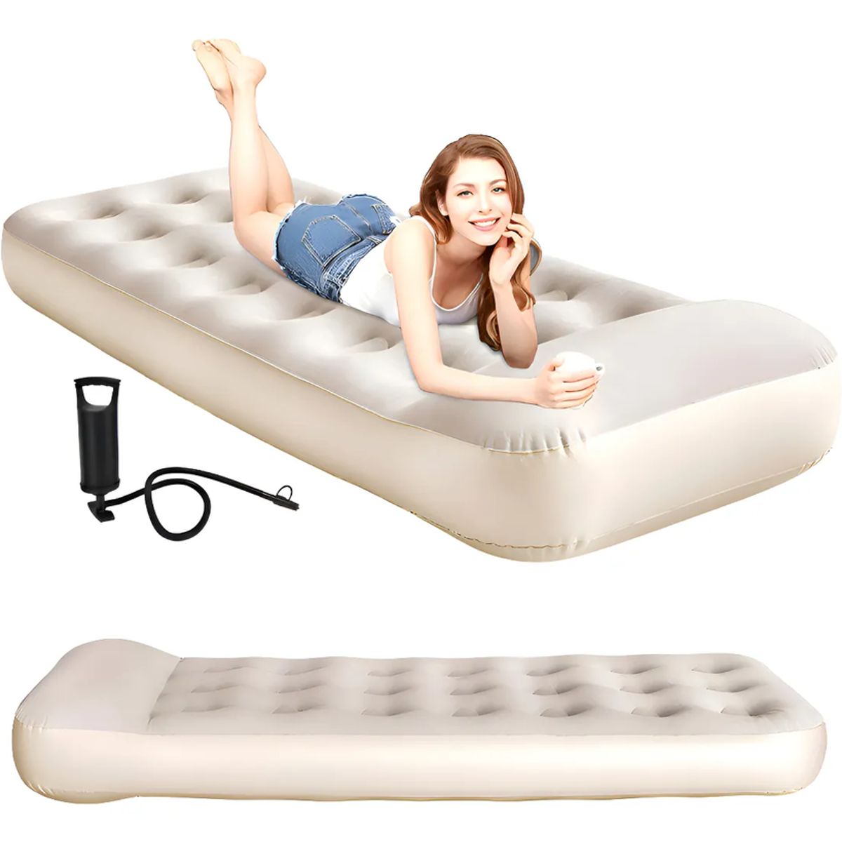 GENERICO - Colchón Inflable Individual 1 Plaza Almohada Integrada Con Inflador Color Beige Vidita