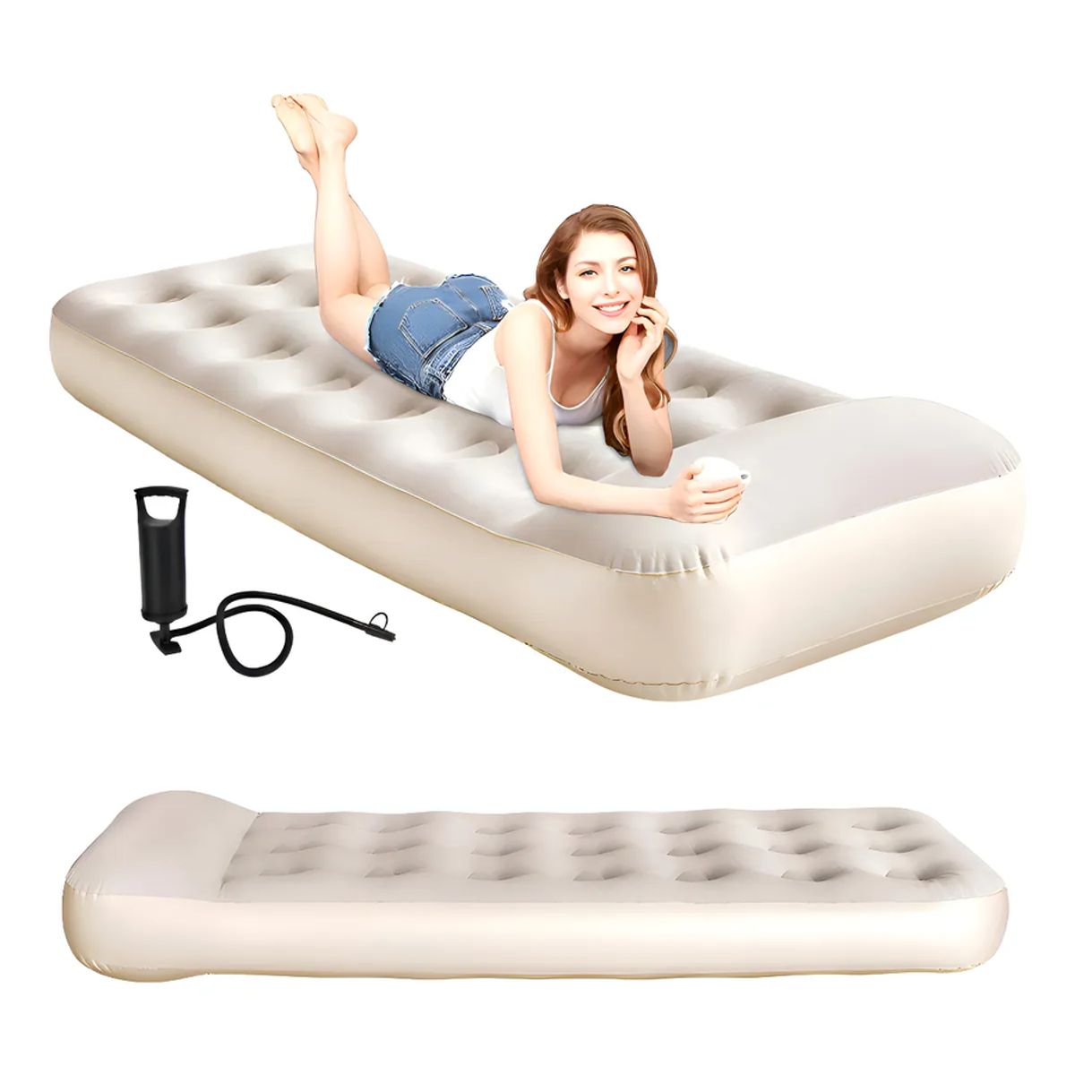 GENERICO - Colchón Inflable Individual 1 Plaza Almohada Integrada Con Inflador Color Beige Vidita
