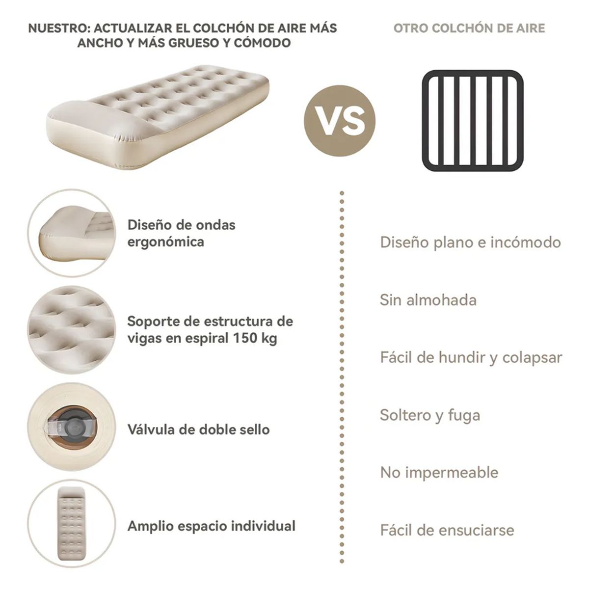 GENERICO - Colchón Inflable Individual 1 Plaza Almohada Integrada Con Inflador Color Beige Vidita