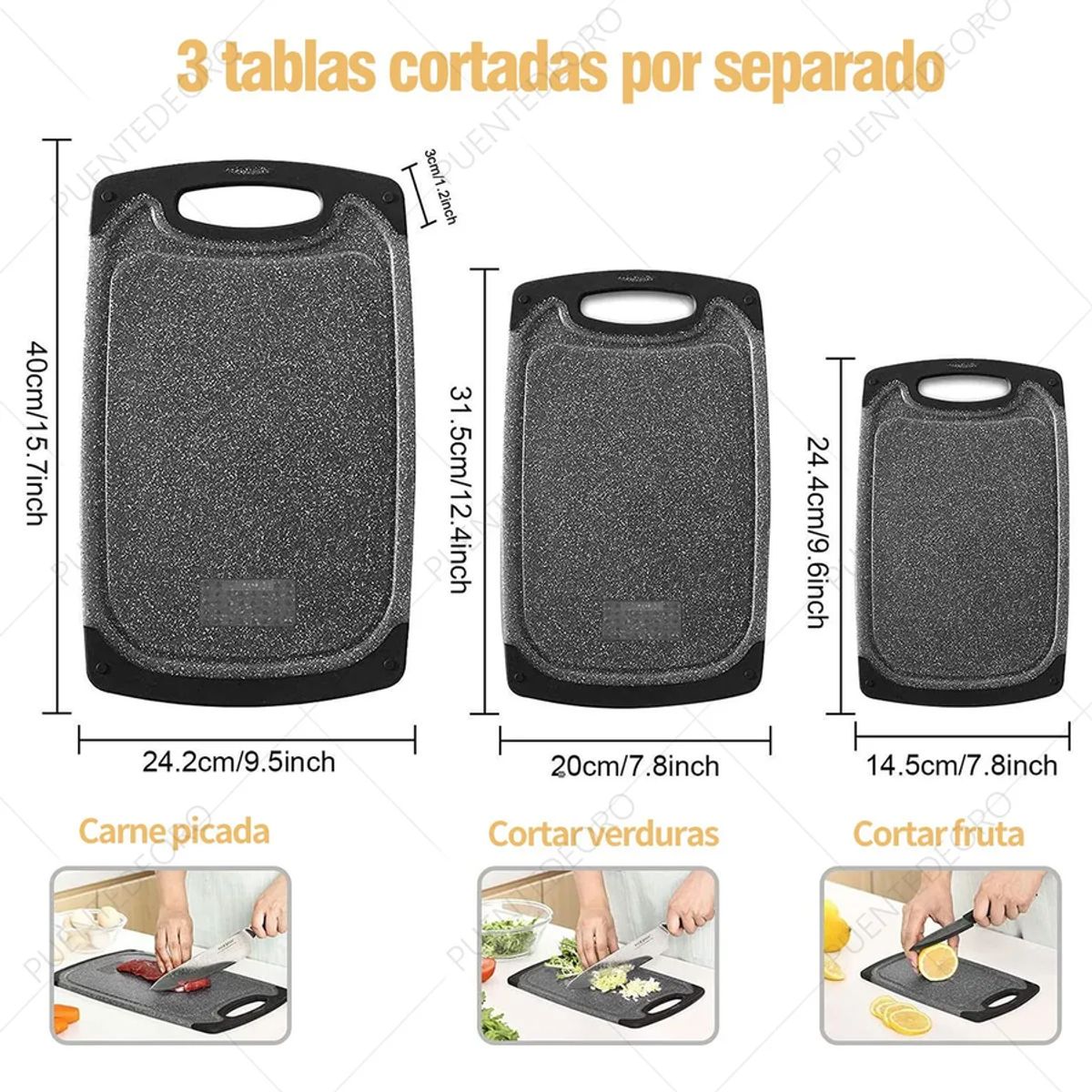 GENERICO - Tabla Para Cortar De Cocina 3pcs Set Negro Antideslizantes