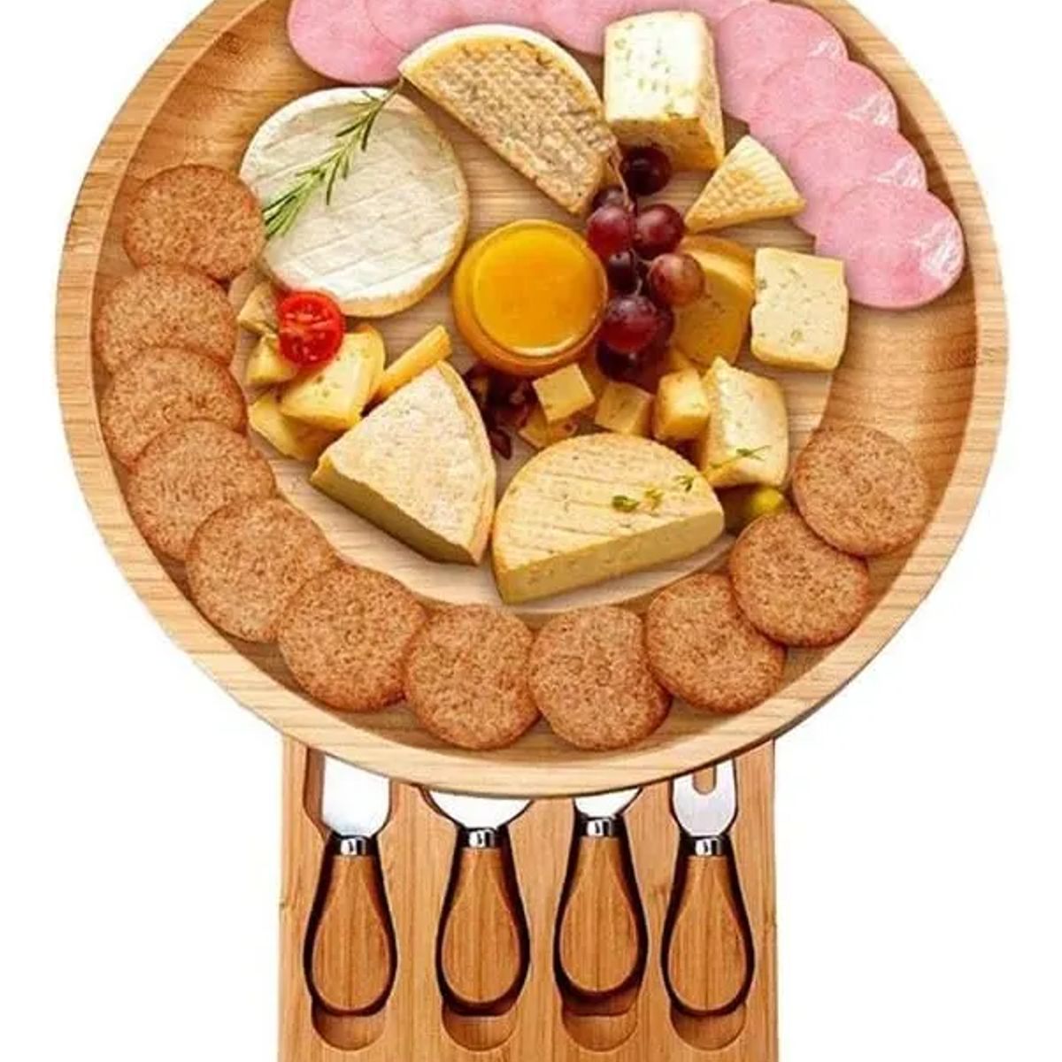 GENERICO - Tabla Para Quesos De Madera De Bambú Con 4 Cuchillos Color Grano De Madera Geométrica