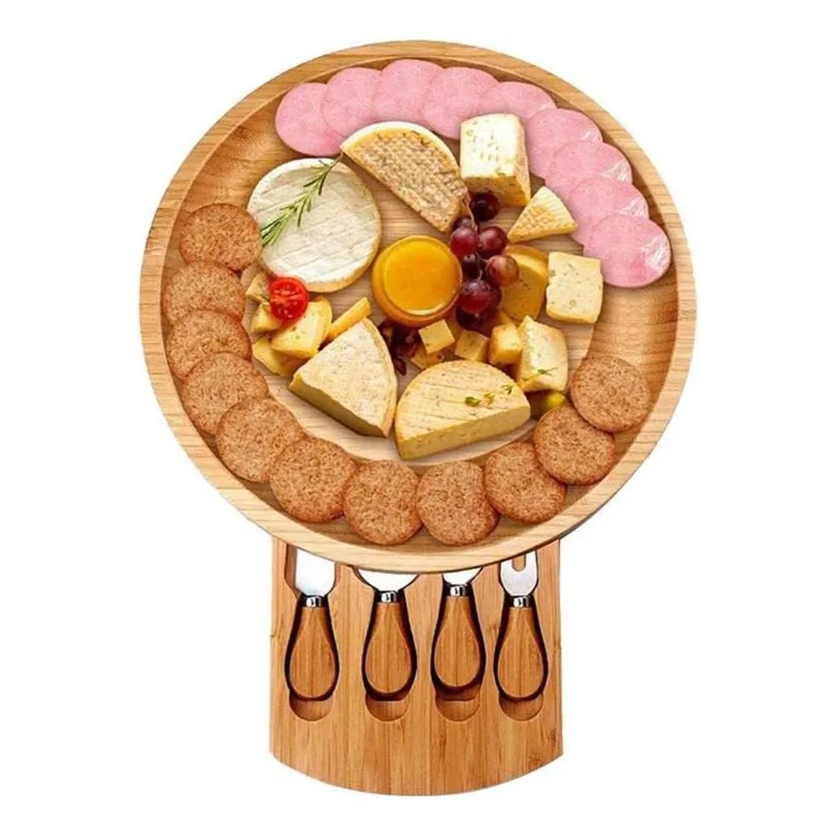 GENERICO - Tabla Para Quesos De Madera De Bambú Con 4 Cuchillos Color Grano De Madera Geométrica