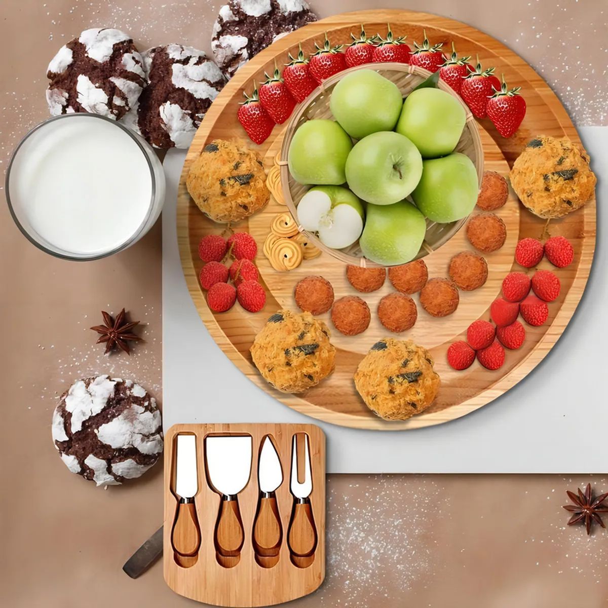 GENERICO - Tabla Para Quesos De Madera De Bambú Con 4 Cuchillos Color Grano De Madera Geométrica