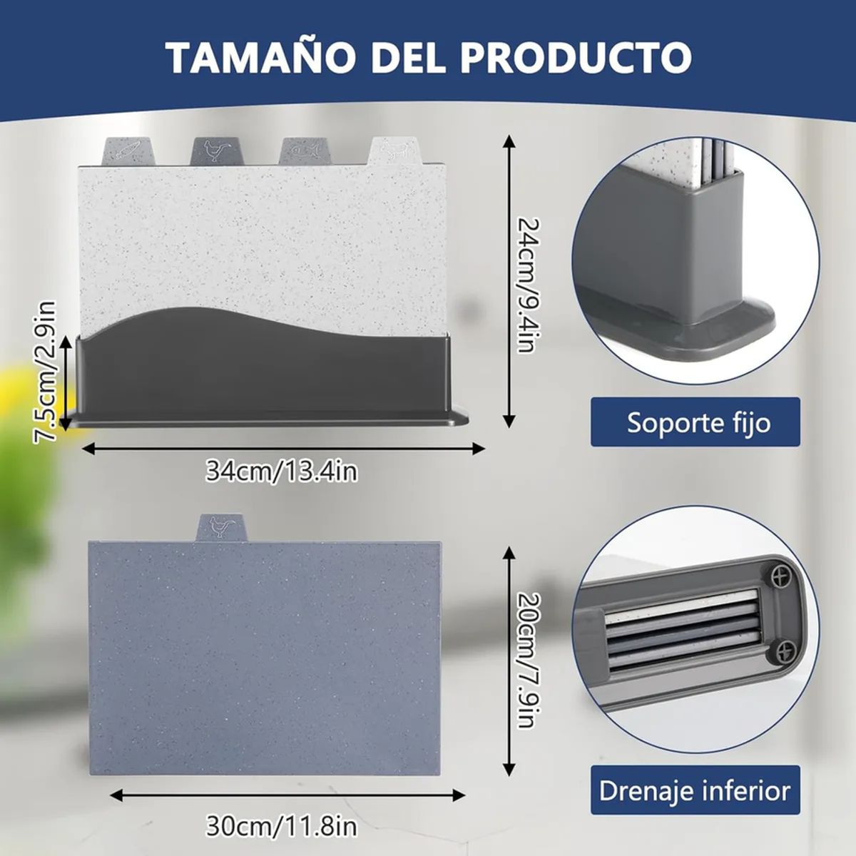 GENERICO - Set De 4tablas Para Picar Para Cocina Con Soporte De Drenaje Geométrica Gris