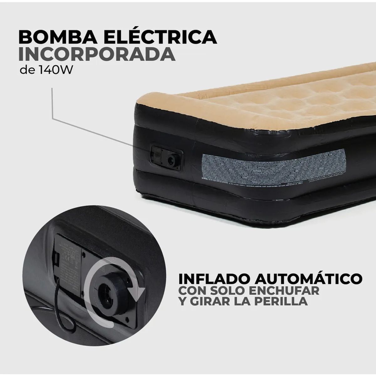 GENERICO - Colchón Inflable Eléctrico Kano Autoinflable Individual Color Beige 1 Plaza Cama para Camping Doble Altura.