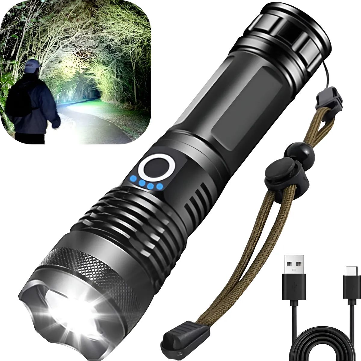 GENERICO - Linterna Led Zoom Tactica Recargable Potentes 1000m Cabeza Negro