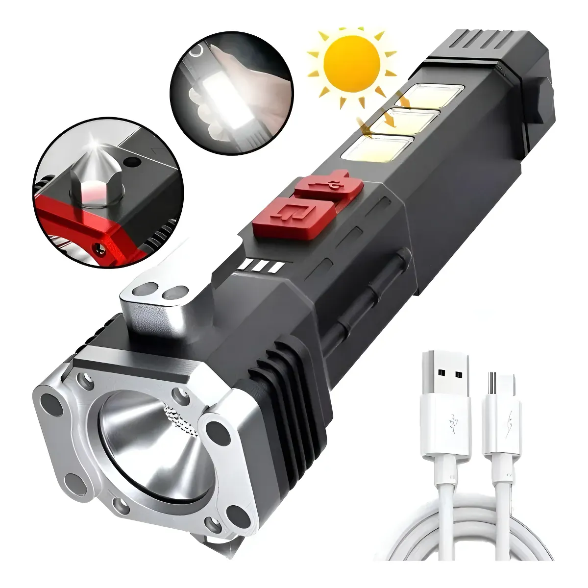 GENERICO - Linterna Solar Usb Emergencia Portátil Táctica Sobrevivencia Blanco Negro