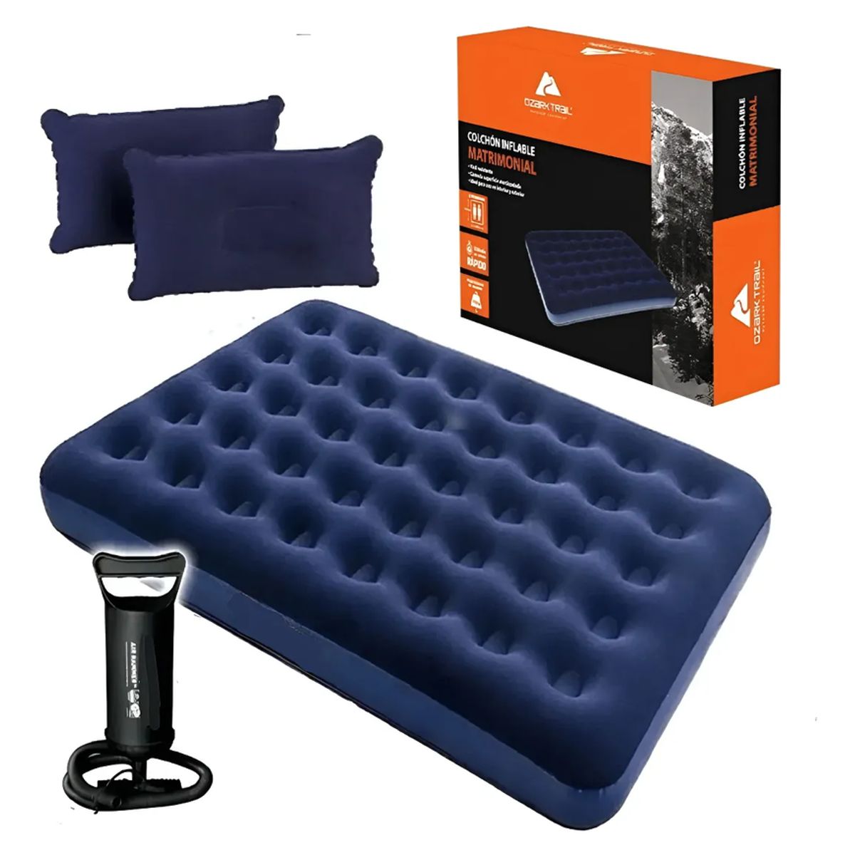 GENERICO - Colchon Inflable 2 Plazas Almohadas Y Bombin Camping Visitas Azul