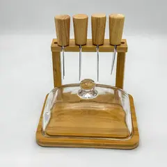 GENERICO - Tabla Para Queso Picoteo Cúpula Vidrio Queso 4 Cuchillo Tabla Para Quesos Marrón