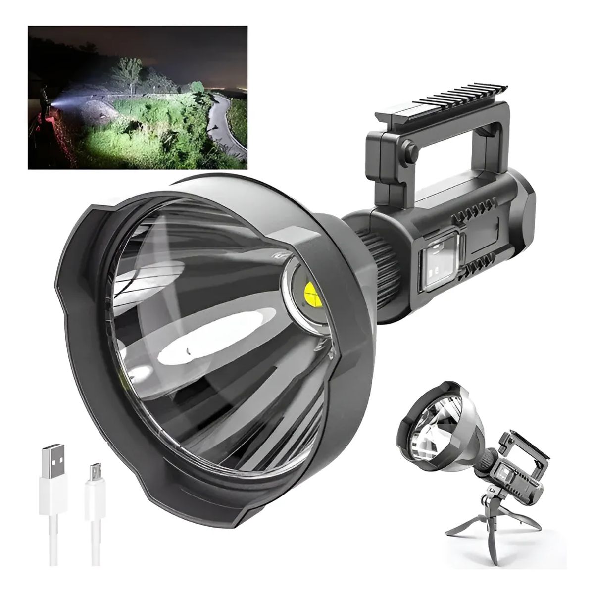 GENERICO - Foco Linterna Led Largo Alcance 600 Metros + Usb + Trípode Blanco