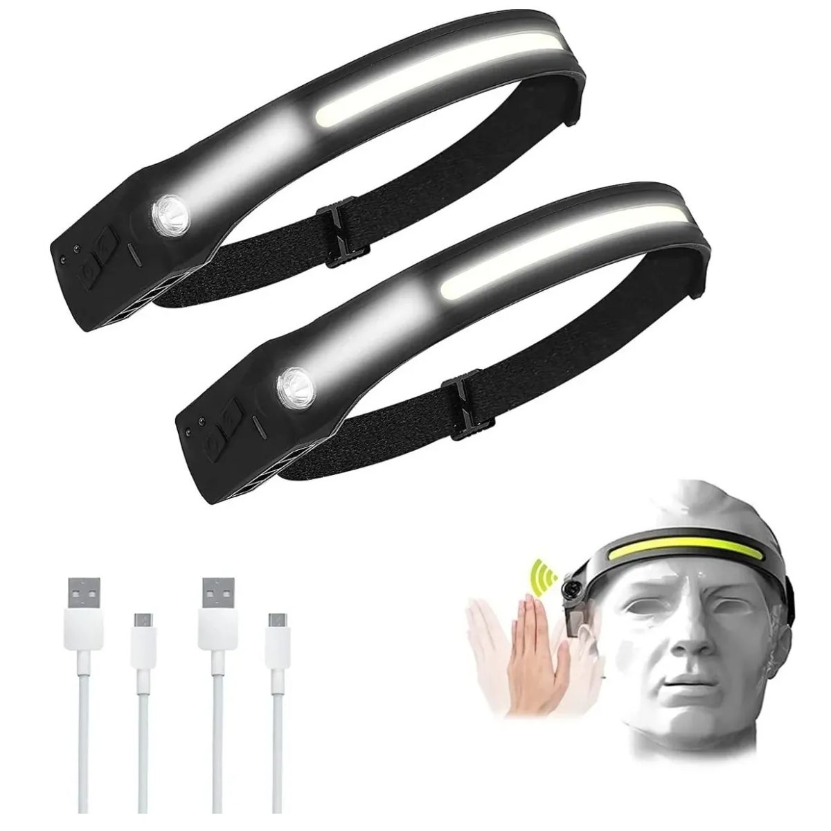 GENERICO - Pack 2 Linterna Led Cintillo Con Sensor Montado En La Cabeza Negro Negro