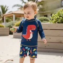 LB CHILE - Traje de Baño Manga Larga Pantalón Corto 2 Piezas Corte Split Niño 3 a 9 años Blue Dinosaur