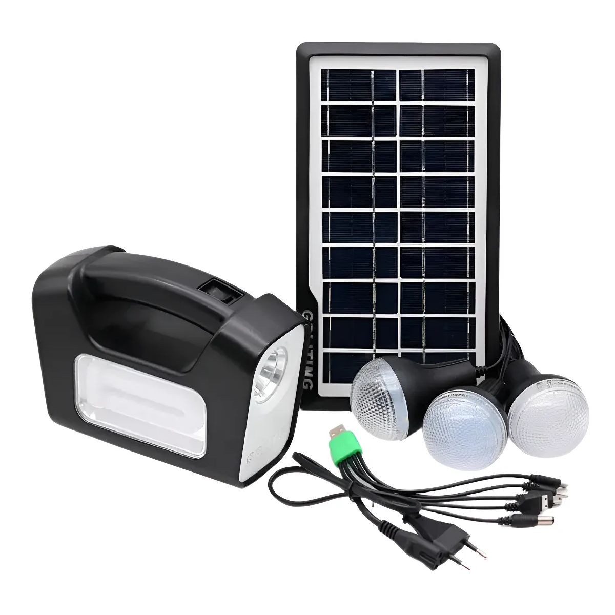 GENERICO - Kit Emergencia Solar Panel Camping Linterna Led Ampolletas Blanco Negro