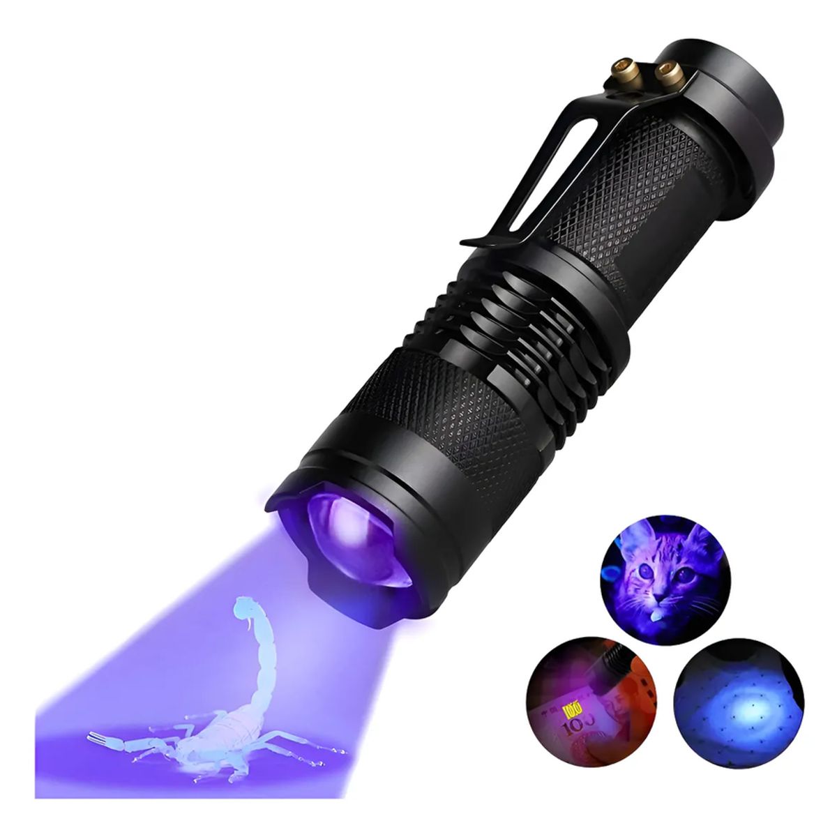 GENERICO - Linterna Uv Ultravioleta Led  Con Zoom Usa Pilla Aa Metal Negro Violeta