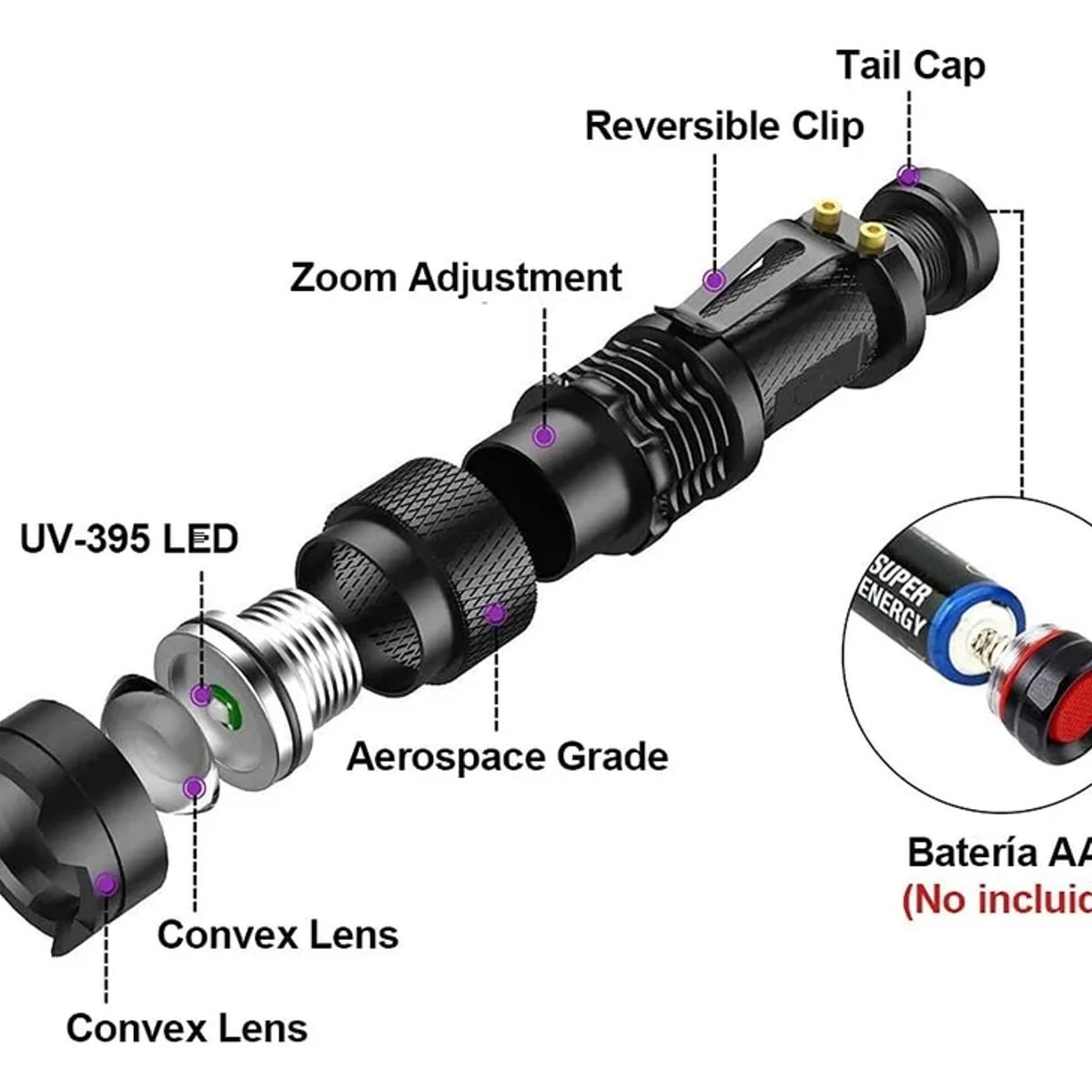 GENERICO - Linterna Uv Ultravioleta Led  Con Zoom Usa Pilla Aa Metal Negro Violeta