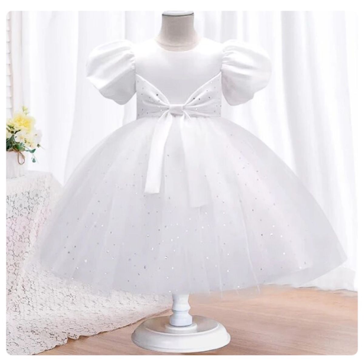ALMA & DECO - Vestido Bautizo Paje Fiesta Modelo Cecilia Blanco con Lazo Ajustable