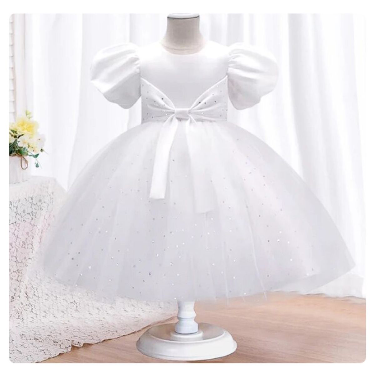 ALMA & DECO - Vestido Bautizo Paje Fiesta Modelo Cecilia Blanco con Lazo Ajustable