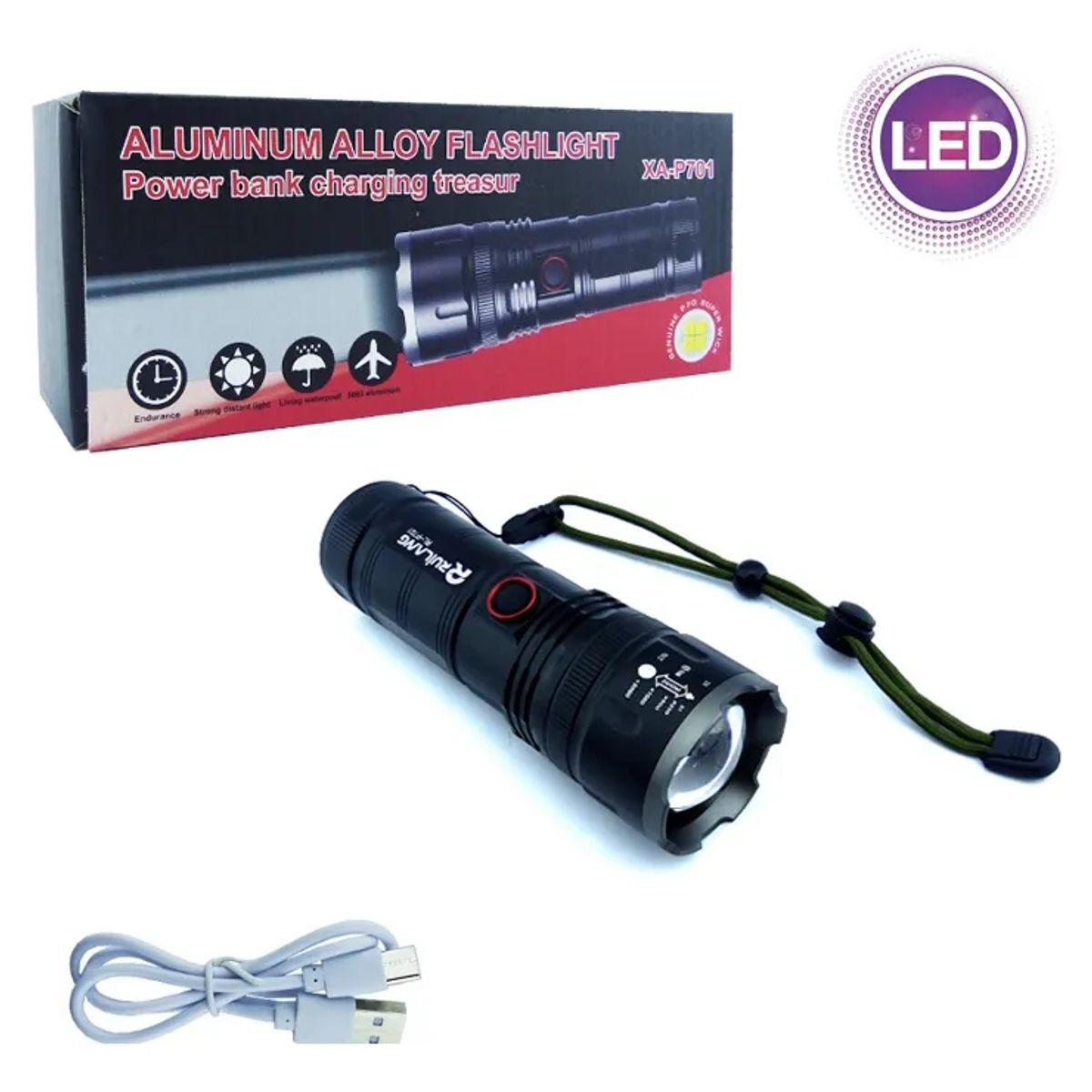 GENERICO - Linterna Led P70 Y Power Bank Con Zoom E Indicador De Carga Blanco Negro