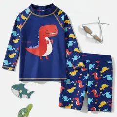 JUMP KIDS - Traje de Baño Manga Larga Pantalón Corto 2 Piezas Corte Split Niño 3 a 9 años Blue Dinosaur