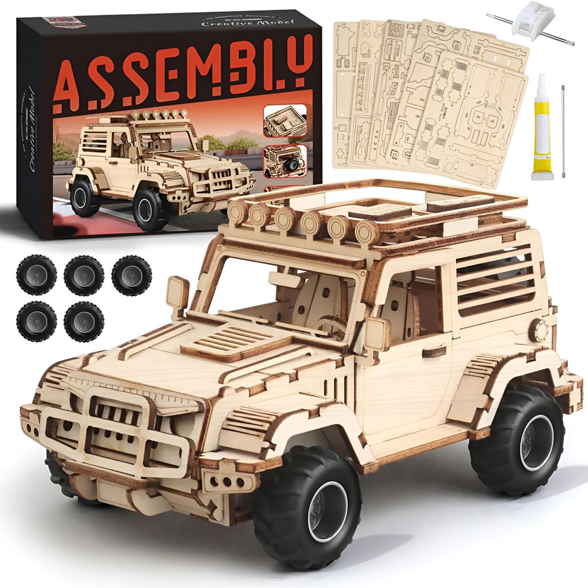HOMEBRANDT - Auto Puzzle Jeep 3d Madera Armable 125pcs Didáctico 20 Cm