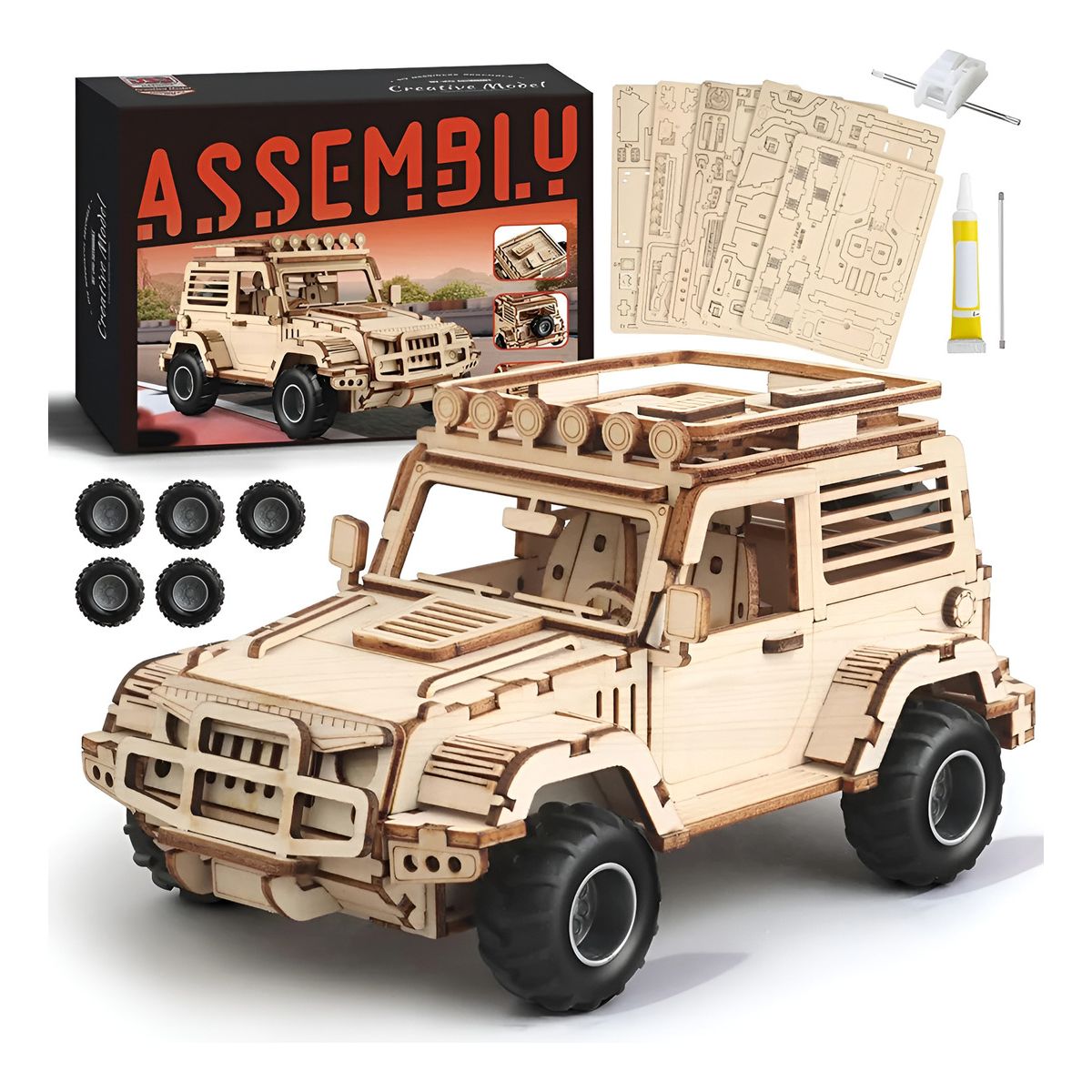 HOMEBRANDT - Auto Puzzle Jeep 3d Madera Armable 125pcs Didáctico 20 Cm