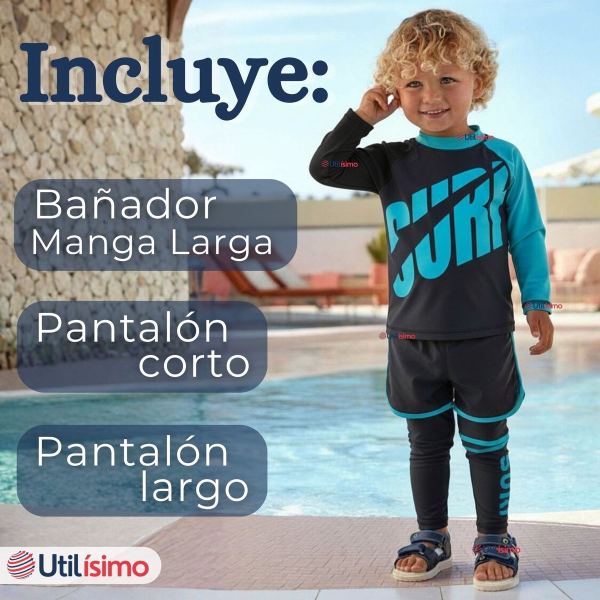 JUMP KIDS - Traje de Baño Manga Larga Pantalón Largo y Corto 3 Piezas Corte Split Niño 3 a 11 años Black Surf