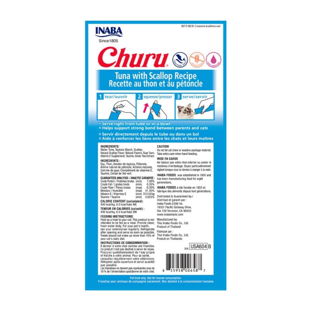 INABA - Snack Inaba Churu Gato Sabor Atún y Ostion 4 Tubos