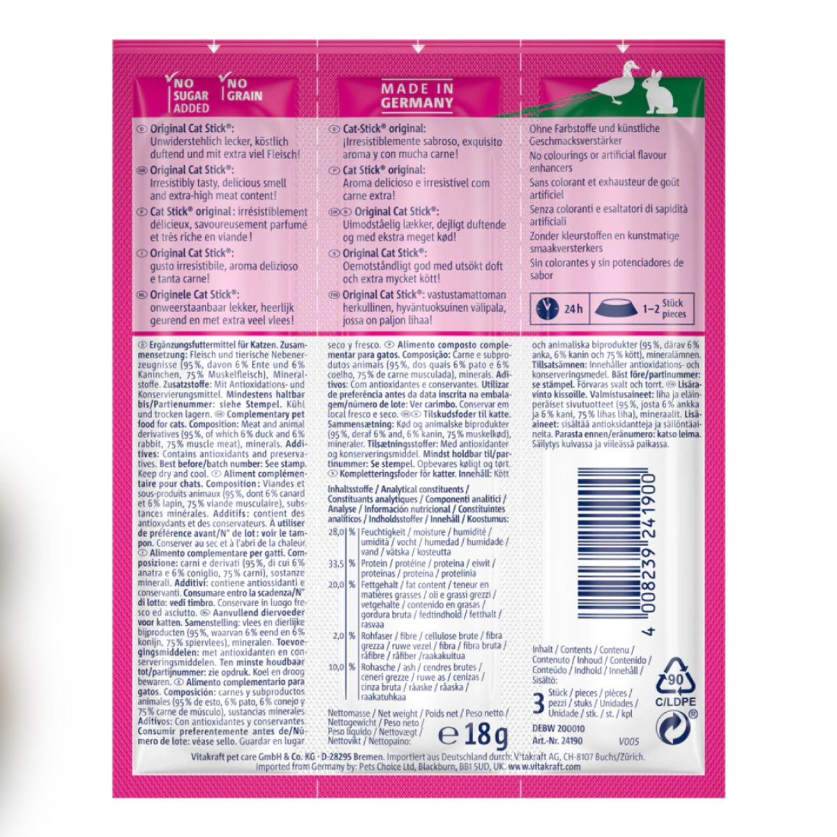 VITAKRAFT - Snack Vitakraft Cat Stick Conejo y Pato, 3 Sticks