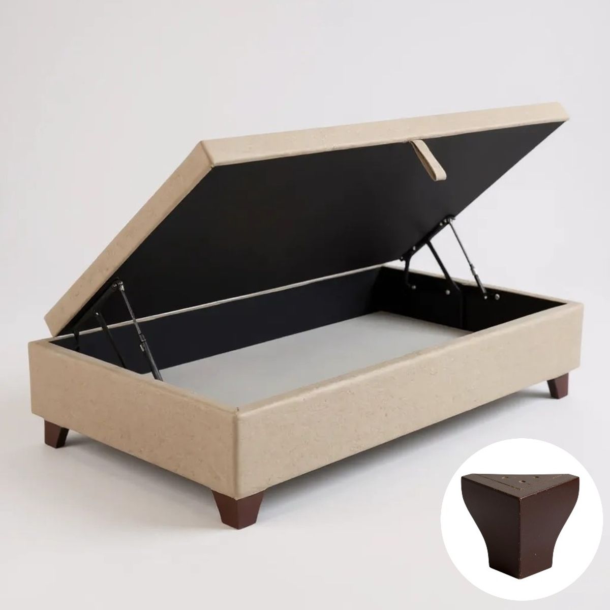 BLOCCARE - Base Cama Baul 1 Plaza (Beige)  L200 / con Patas de madera 11 cm / Sin refuerzo