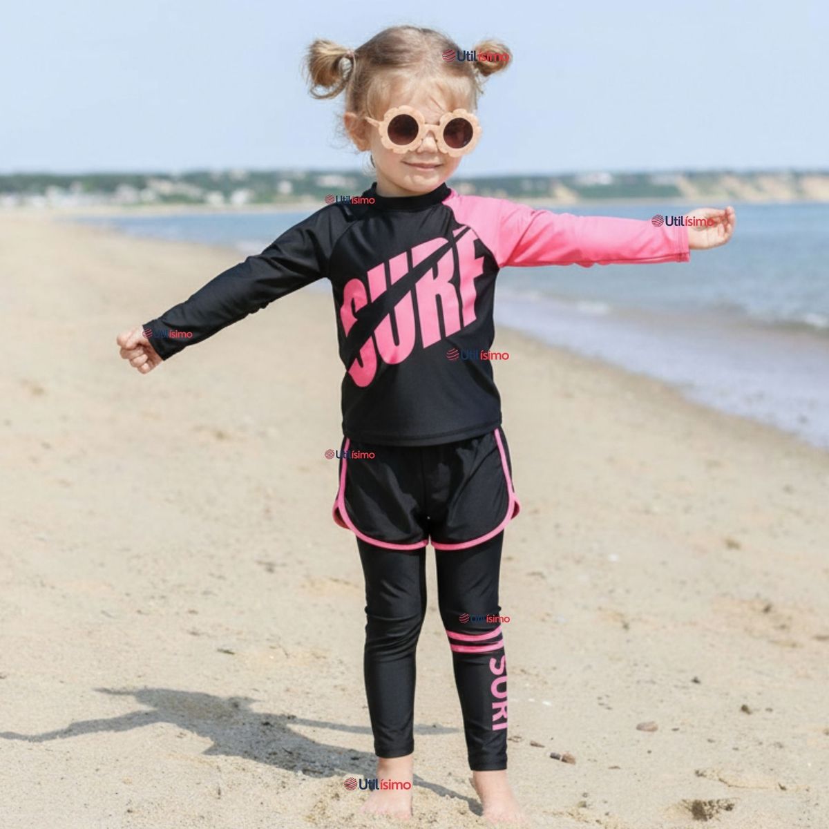 JUMP KIDS - Traje de Baño Manga Larga Pantalón Largo Y Corto 3 Piezas Corte Split Niña 3 a 11 años Black Surf