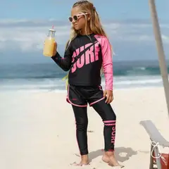 JUMP KIDS - Traje de Baño Manga Larga Pantalón Largo Y Corto 3 Piezas Corte Split Niña 3 a 11 años Black Surf